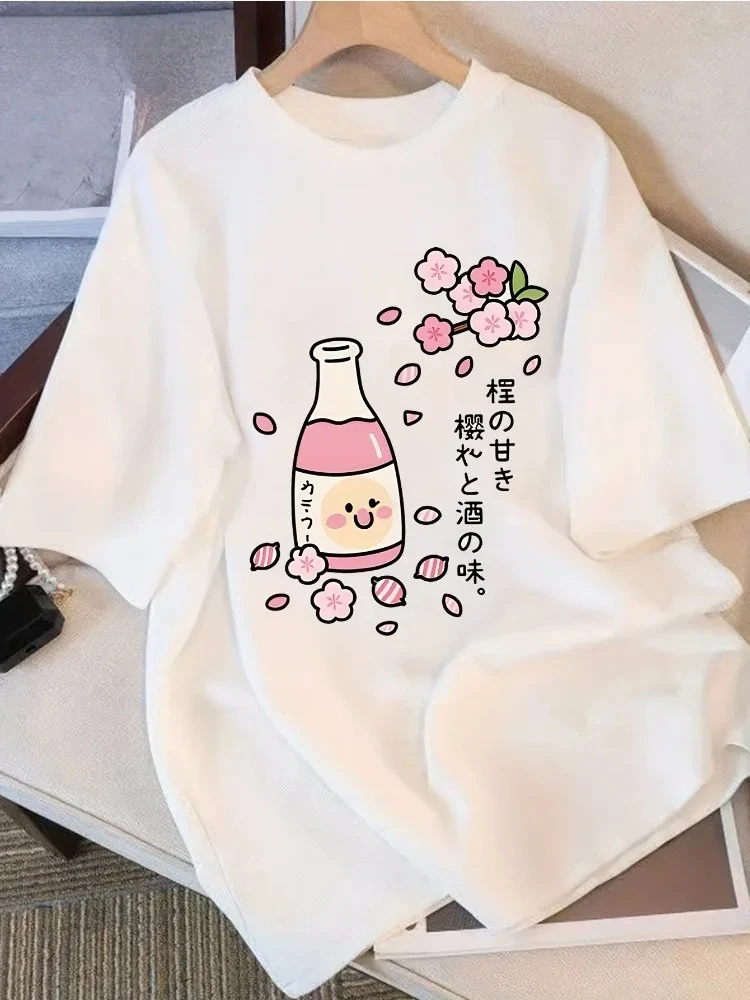 Women's Cherry Blossom Print Casual Short-sleeved Round Neck Suitable for Everyday Wear with Harajuku Style Aesthetic Clothes