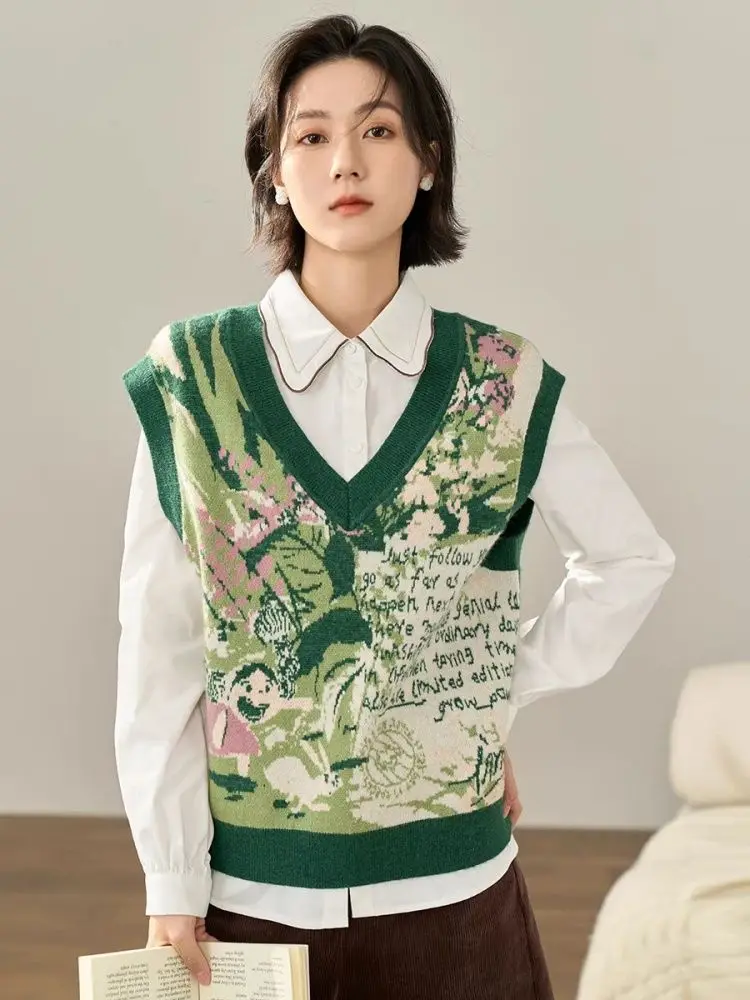 

Lazy Fashion V-neck Knitted Sweater Vest 2024 Autumn New Print Sweet Tops Mujer Y2k Grunge Sleeveles Loose Coat Women