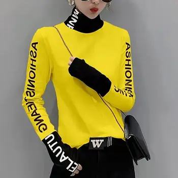 의류 따뜻한 티 노란색 탑 프린트 2024 터틀넥 여성 티셔츠 제공 고품질 Tshirt Causal Fitted Kpop O