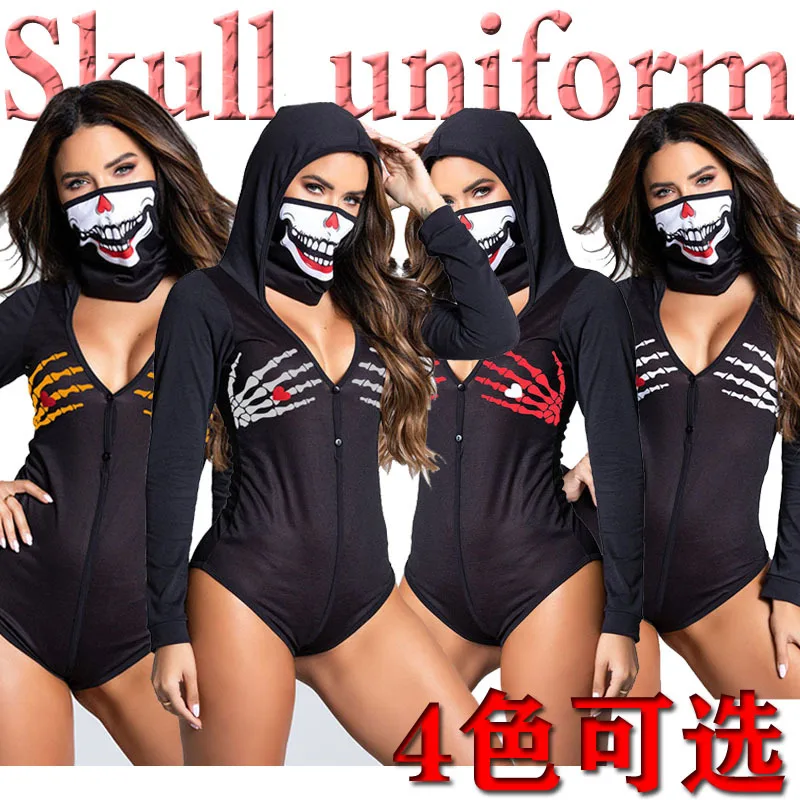 2022 Halloween Hooded Jumpsuit Zombie Skeleton Print Suit Sexy Uniform Vampire Cosplay Costume Demon Outfit Carnival Cos Party