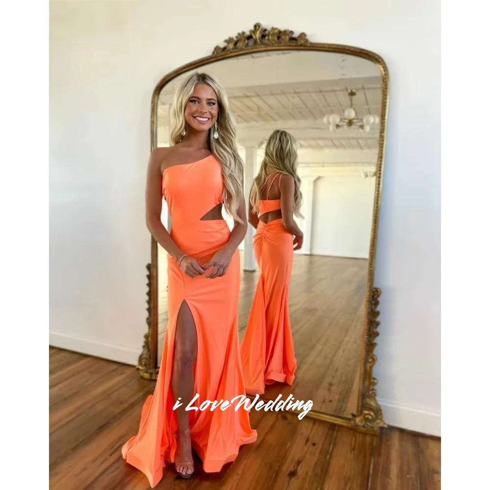 

Orange One Shoulder Evening Dresses 2025 Satin Sleeveless Mermaid Sweep Train Floor-Length Split Pleated Party Dress Customized