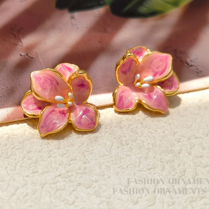 

Fashion Vintage Style S925 Silver Needle Copper Alloy Drop Glazed Pink Flower Earrings for Women Elegan Jewelry Temperament Gift