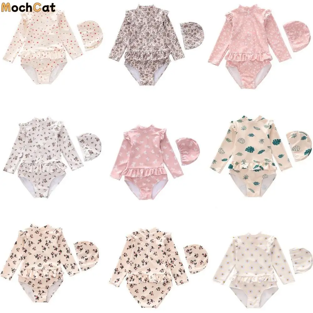 

Beautiful One-piece Kids Swimming Suit 1-12y Long Sleeve Baby Girls Swimwear Print Casual Children Bathing Suits Sunscreen