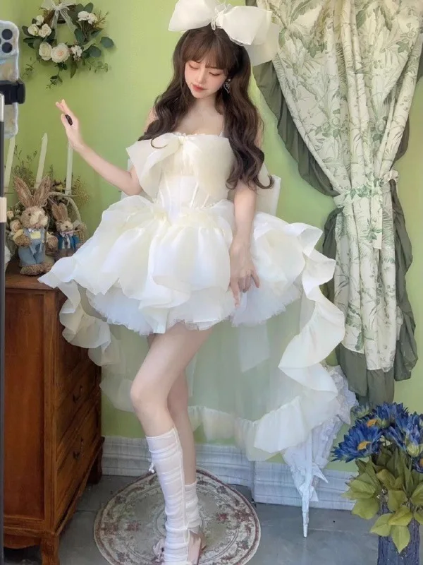 Gaoding Gaun Putri Ruxin Gaun Berbulu Gaya Perancis Rok Putri Trailing Manis Peri Rok Panjang Punggung Pendek Depan Peri