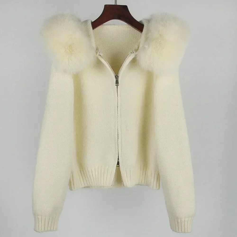 OFTBUY 2024 Fashion Autumn Winter Casual Hooded Real Fox Fur Collar Fashion Short Knitted Jacket with Natural Fur Coat for Women