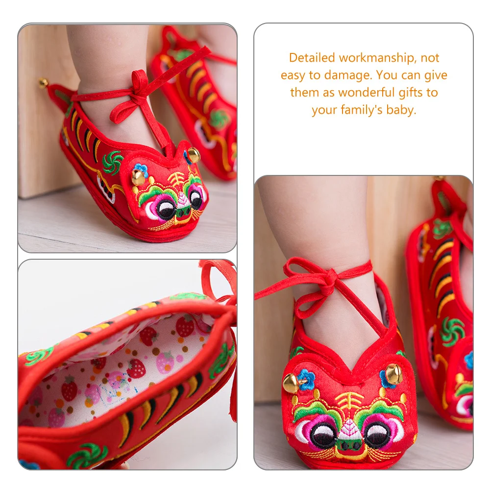 زوج واحد من أحذية رأس النمر المطرزة المصنوعة من الحرير الفاخر للأطفال الصغار، نعل ناعم غير قابل للانزلاق، جرس دافئ ومريح للفتيات الرضع #5