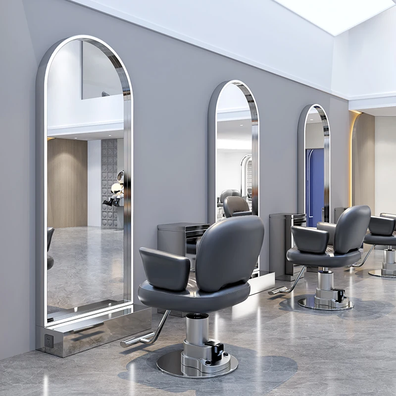 Italian Light Luxury Barber Mirror Modern Business Furniture Hair Salon Double-Sided Mirror LED Fill Light Fashion Floor Mirror