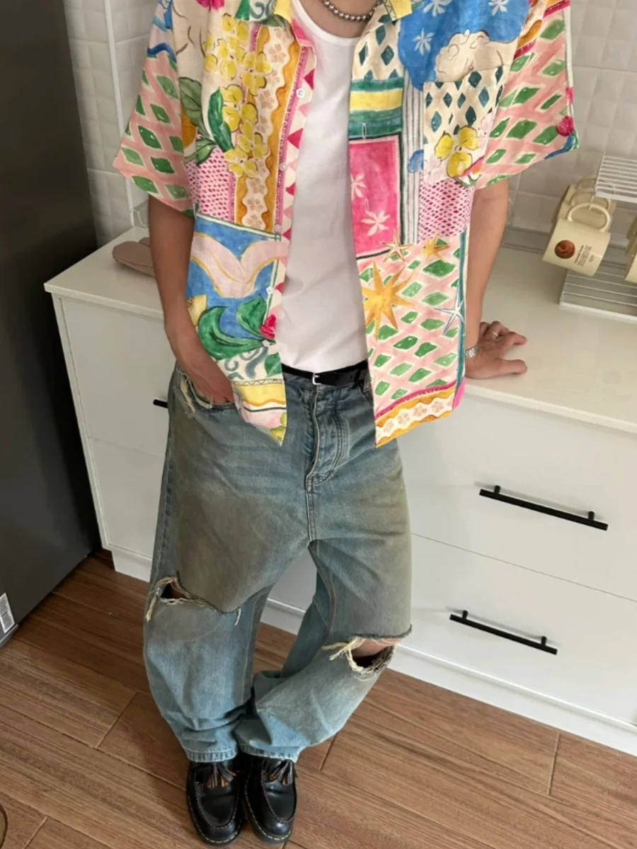 

Гавайская ор Све Цветочный ирт Мужская летняя повседневная верхняя одежда Пара Картина маслом Модный топ Свободного покроя Молодежная мода