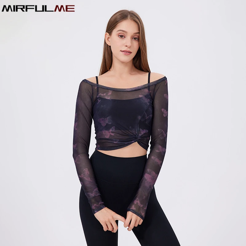 Women Padded Yoga Sport Shirts Fake Two-Piece Outdoor Undershirt Mesh Long Sleeves Running Sweatshirts Slim Gym Fitness Tops Bra