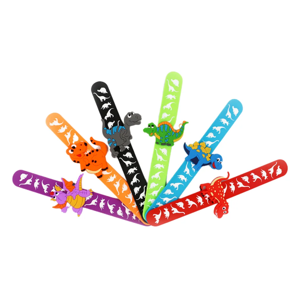 6Pcs Dinosaur Shaped Slap Bracelet Cartoon Wristband Clap Ring Funny Bracelet Orange Purple Blue Black Red Green