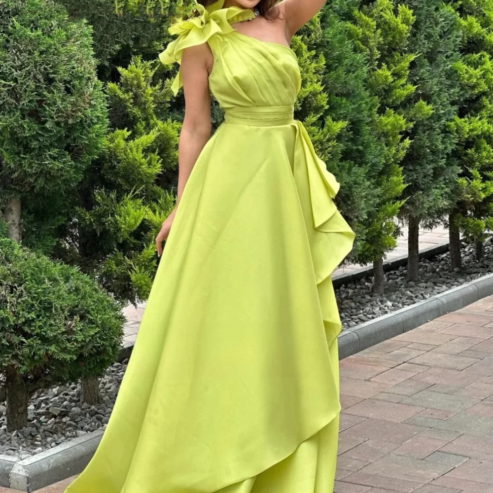 

Elegant Long One Shoulde Chiffon Evening Dresses Sleeveless A Line Ruffled Floor Length فساتين سهره سعوديه