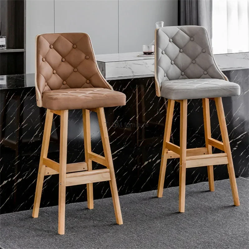 

American Retro Backrest Bar Chair Kitchen Furniture Modern Solid Wood Bar Stools Light Luxury Leisure High Feet Counter Stool