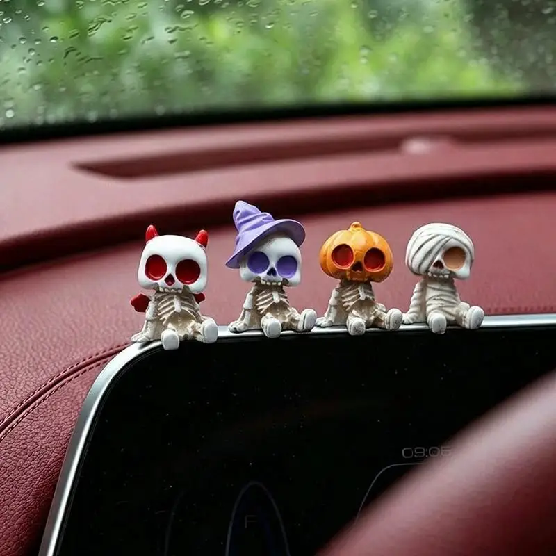 New 4Pcs Halloween Mini Figurines Set Spooky Resin Decor With Pumpkins Ghosts Skulls For Party Home Garden Decoration