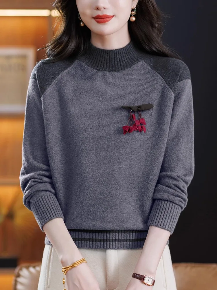 Gestrickter Wollpullover für Damen mit hohem Kragen, Basisschicht-Oberteil, Herbst-Winter, Faion Outlet Store, reguläre Swe-Länge, 00 % Wolle