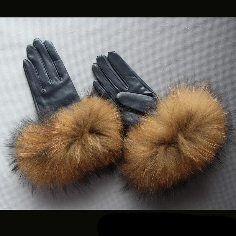 Natural Raccoon Fur Women's Sheepskin Gloves Fashion Watermelon Red Plus Velvet Ladies Outdoor Drive Genuine Leather Gloves