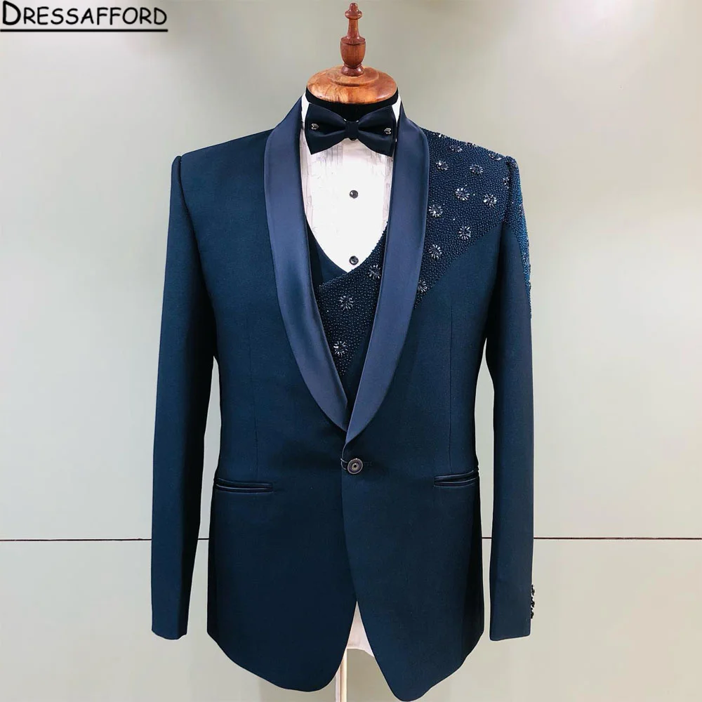 Blue Pearls Crystal Blazers Men Suits Fashion Banquet 2 Piece Business Jacket Pants Trousers