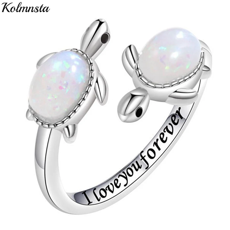 Kolmnsta Fashion Sea Turtle Inlaid Opal Ring Adjustable Open Rings For Women Nature Ocean Mother Daughter Jewelry Animal Gifts