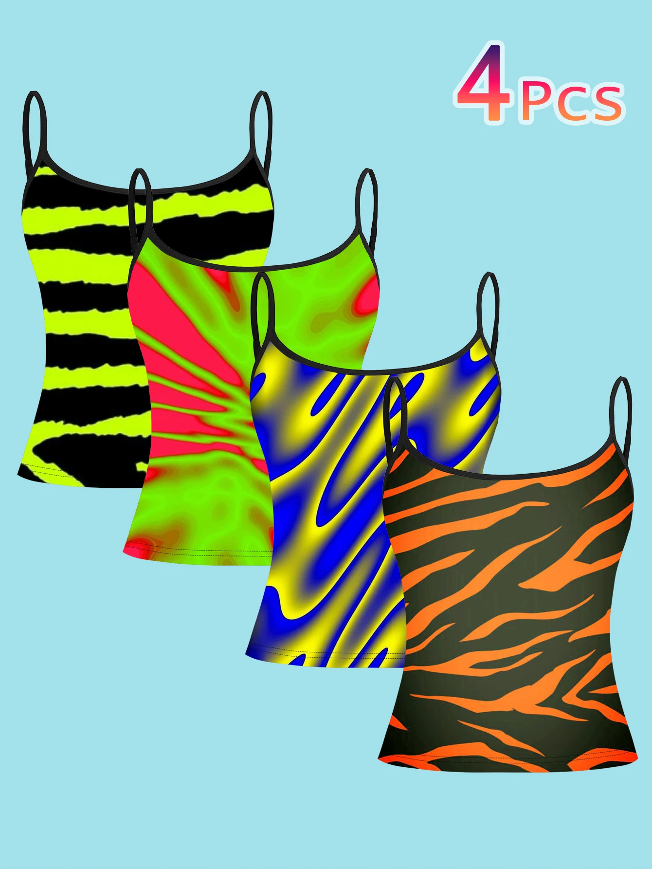 4-Piece Set Y2K Spicy Girl Neon Fluid Gradient Tiger and Zebra Print Camisole for Women, High Saturation Color-Blocking Abstract Trendy Thin Strap Waist-Cinching Slim-Fit Base Top, Cross-Border Music Festival Streetwear Camisole
