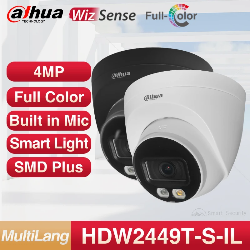 Dahua WizSense 4MP Mini Camera 30m Smart Dual Light Full Color Camera Vehicle and Human Detection Built-in MIC IPC-HDW2449T-S-IL