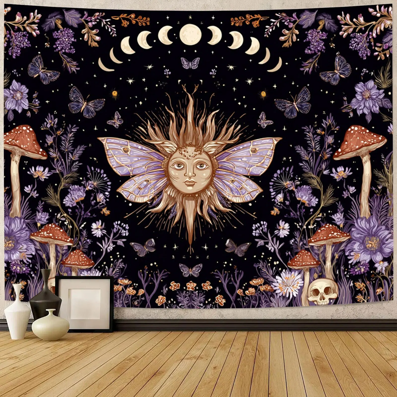 

Star and crescent moon pattern tapestry, polyester fabric, machine washable, suitable for bedroom and living room décor.