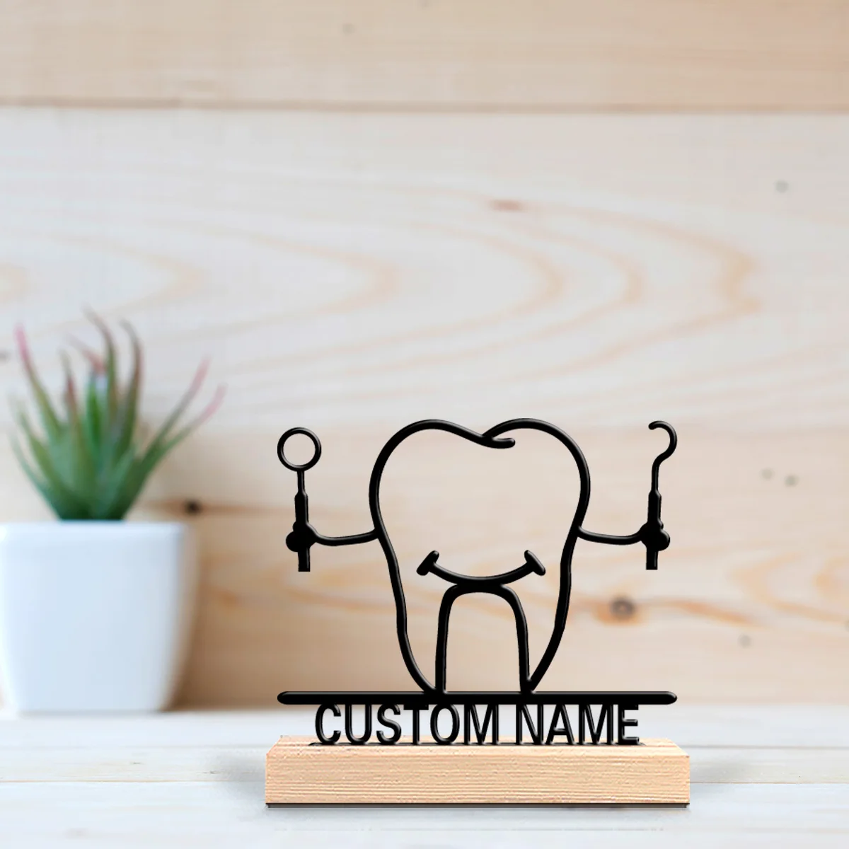 1pc Cartoon Personalized Custom Tooth Design Metal Statues Metal Art With Wooden Base Desktop Decorative Art, Office Decoration