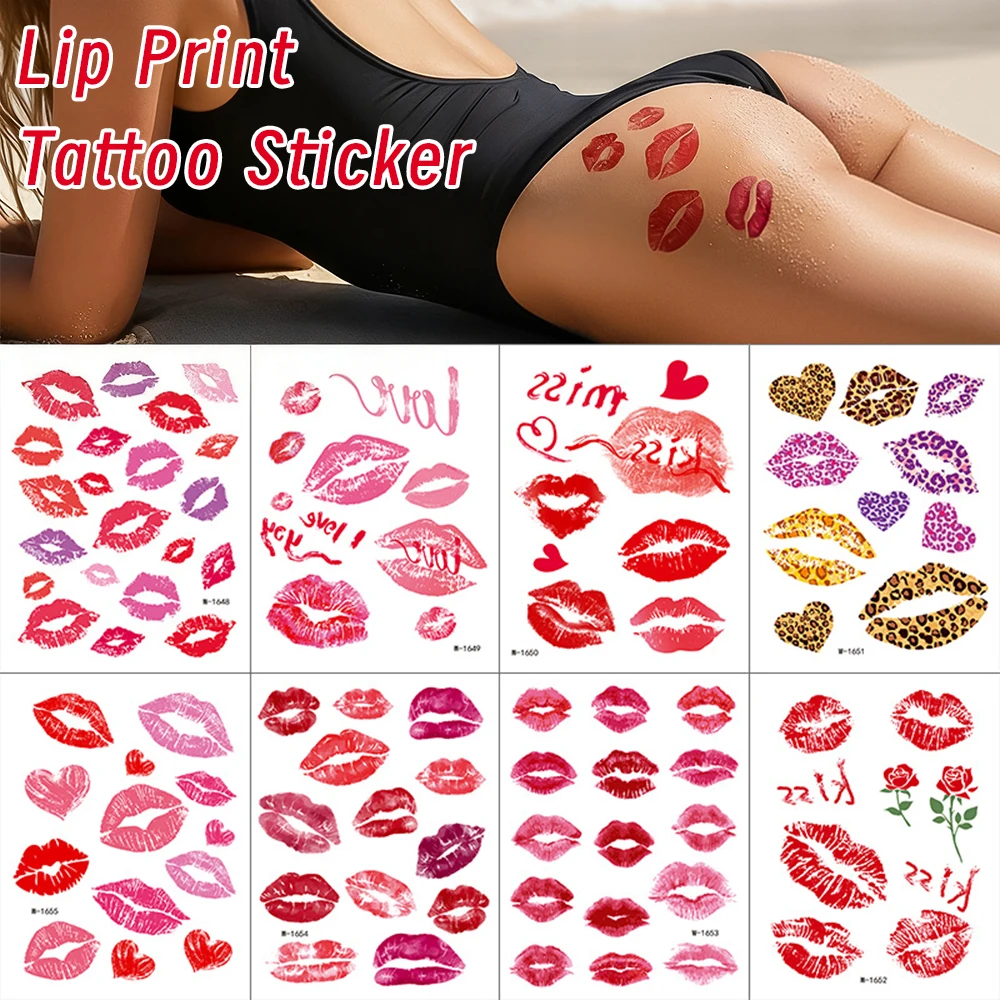 

8 Sheet Red Lips Kiss Heart Rose Temporary Tattoo Sticker for Women Neck Hand Face Body Art Fake Tattoos Valentine'S Day Decals