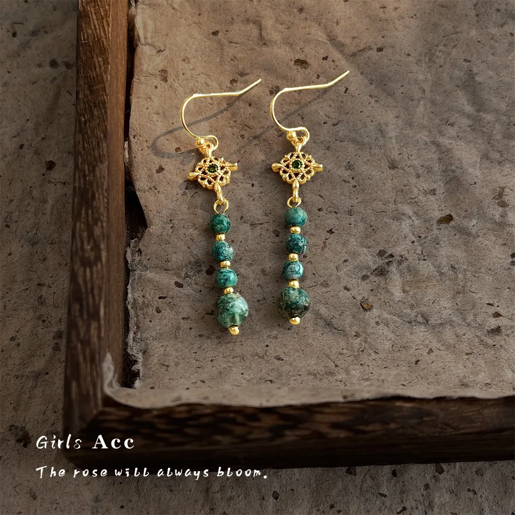 

Light Luxury Ethnic Style Synthetic Turquoise Tassel Dangle Earrings For Women Hollow Lace Zircon Fashion High End Ear Jewelry