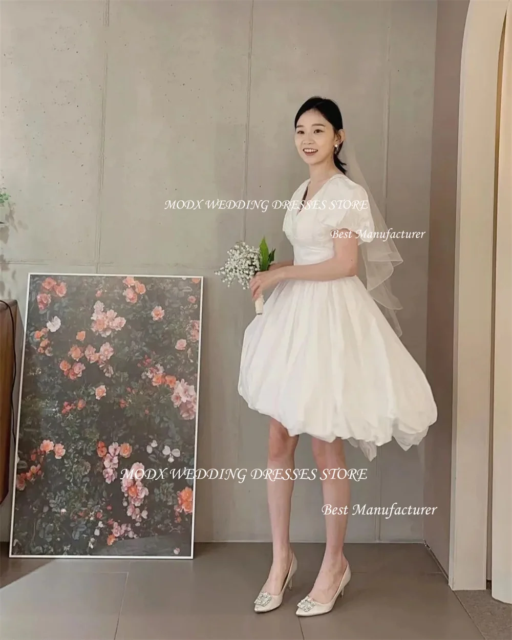 MODX V Neck Knee Length Cocktail Dresses Taffeta A Line Korea Wedding Dress Photo Shoot With Short Puff Sleeves Bridal Gowns