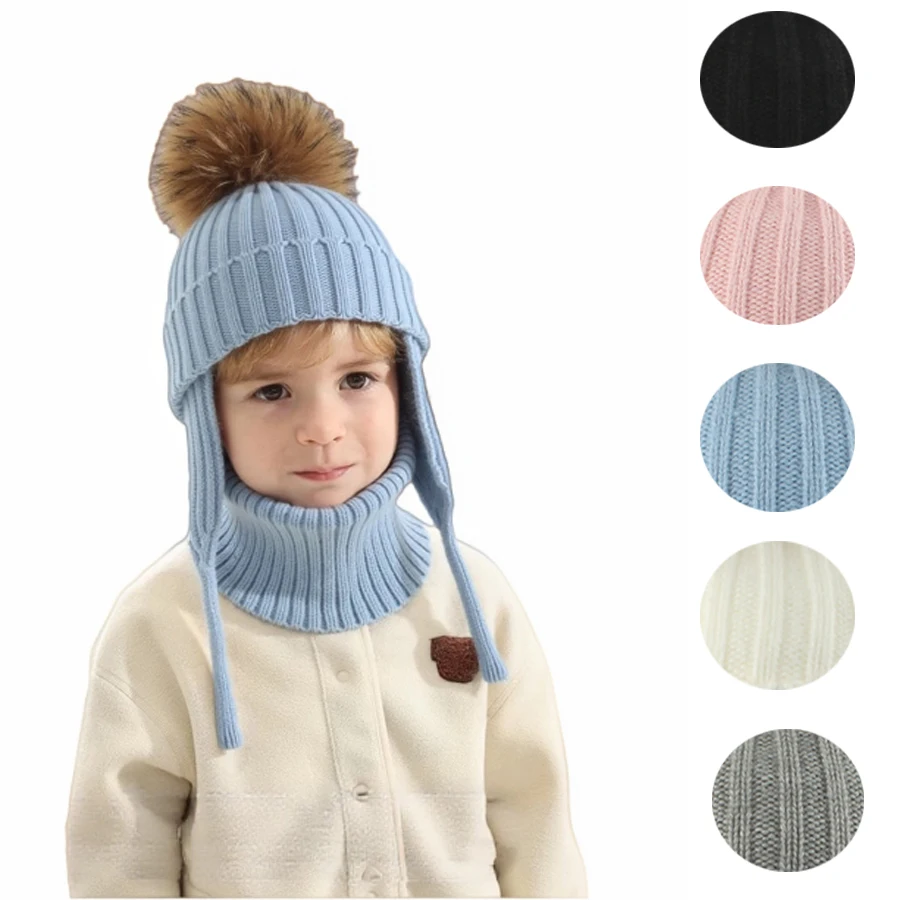 

Winter Wool Hats For Kids Boy Girl Warm Knitted Ear Protection Neck Set Real Fur Pompom Ball Beanie Baby Outdoor Cap 1-6Y