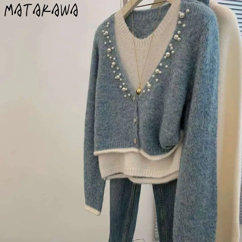 Matakawa Grey Fake 2 Pieces Women Sweaters Contrast Color Beading Autumn Winter Pull Femme Korean Fashion Chic Pullovers