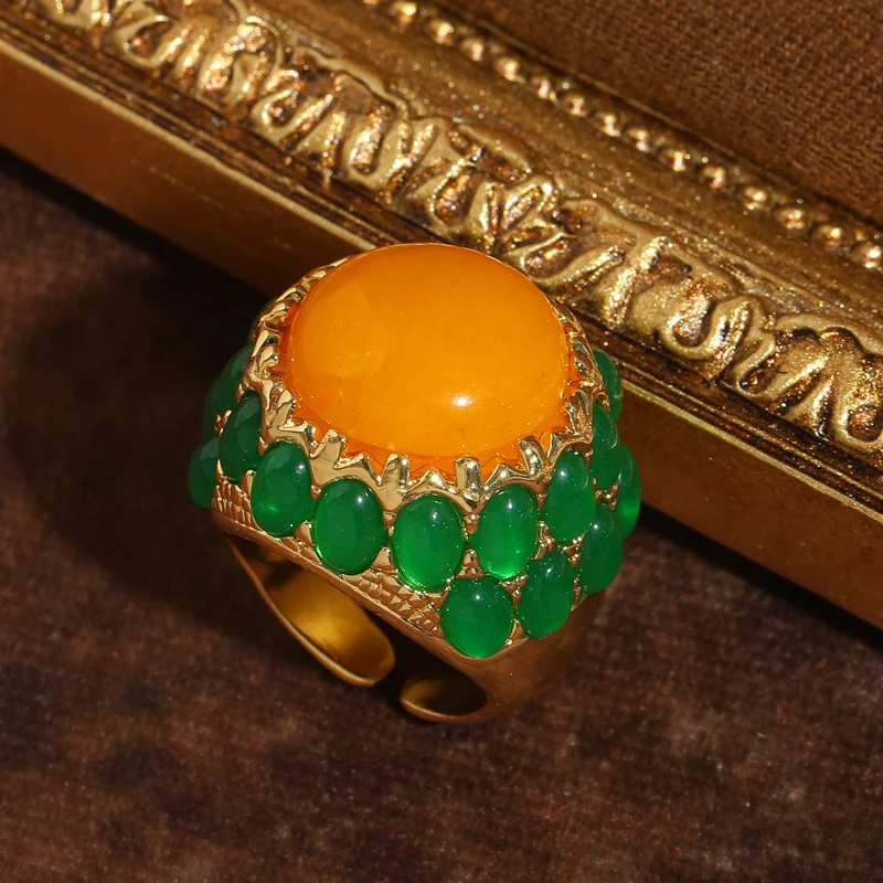 

Vintage Round Natural Stone Yellow Rings Glaze Surround For Woman Gold Color Quality Luxury Jewelry Designer Gifts Wedding 2025