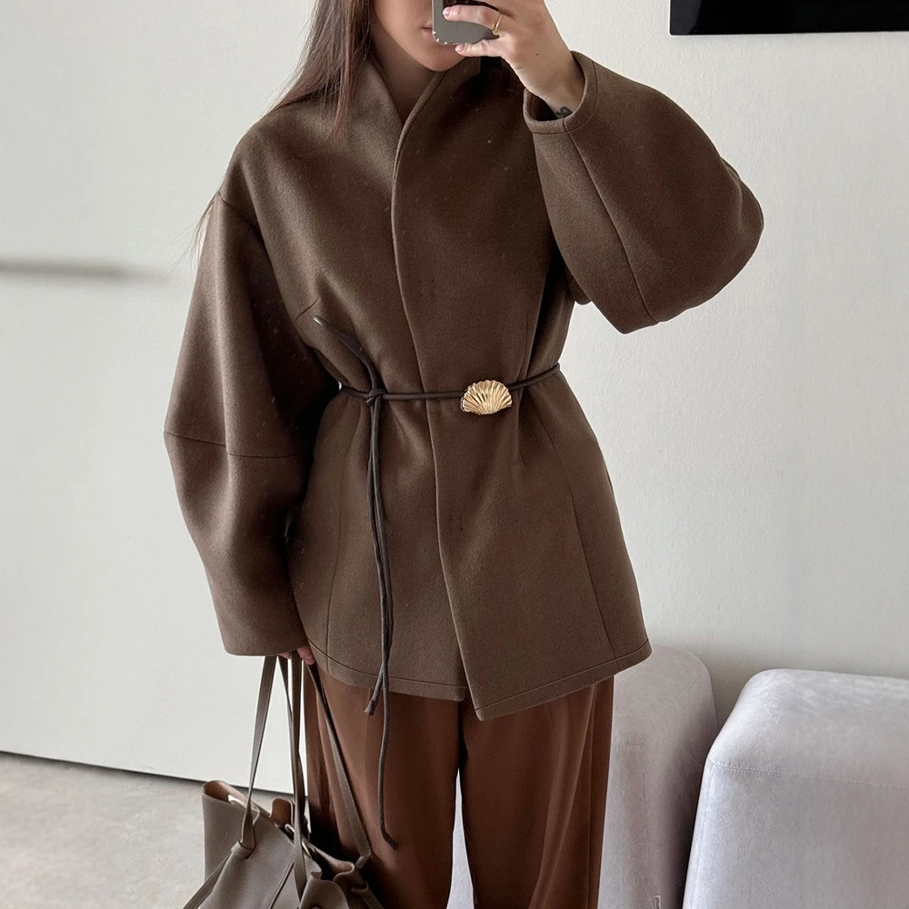 

Осень-зима коричневое шерстяное пальто с застежкой на талии женское модное дизайнерское высококачественное верхнее белье стильный стиль Ins