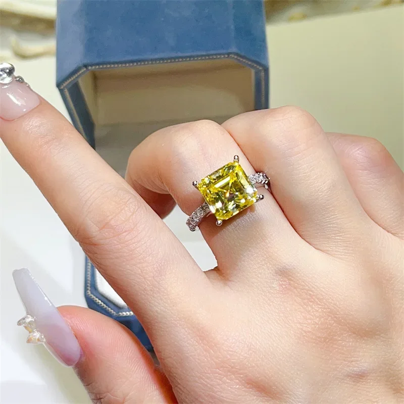 NKHOG Asscher Cut Moissanite Rings S925 Silver Square Yellow Diamond Women Men Luxury Wedding Band Jewelry Gifts GRA Certificate