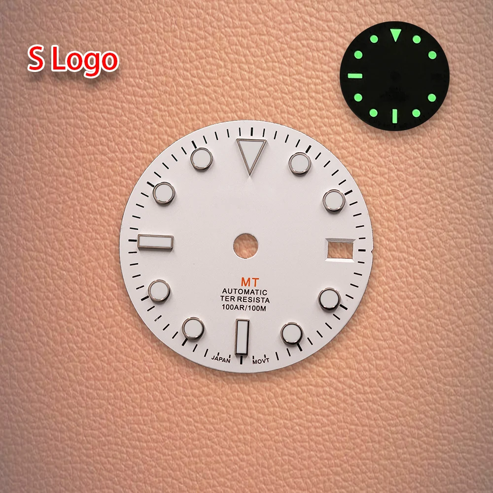 S Logo 28.5mm White GMT dial with red font dial Suitable For NH34 Movement Ice Blue Luminous Watch Modification Accessories