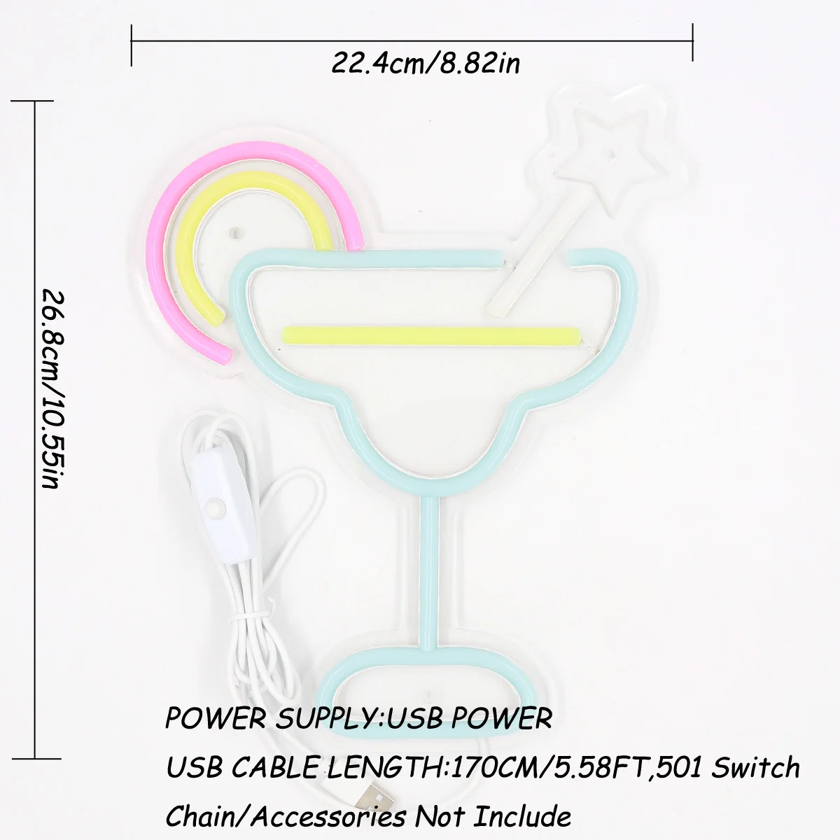 1PC Rainbow Margarita Cocktails Glass With Curving Star LED Wall Neon Sign For Pub Club Party Event Decoration  8.82''*10.55''