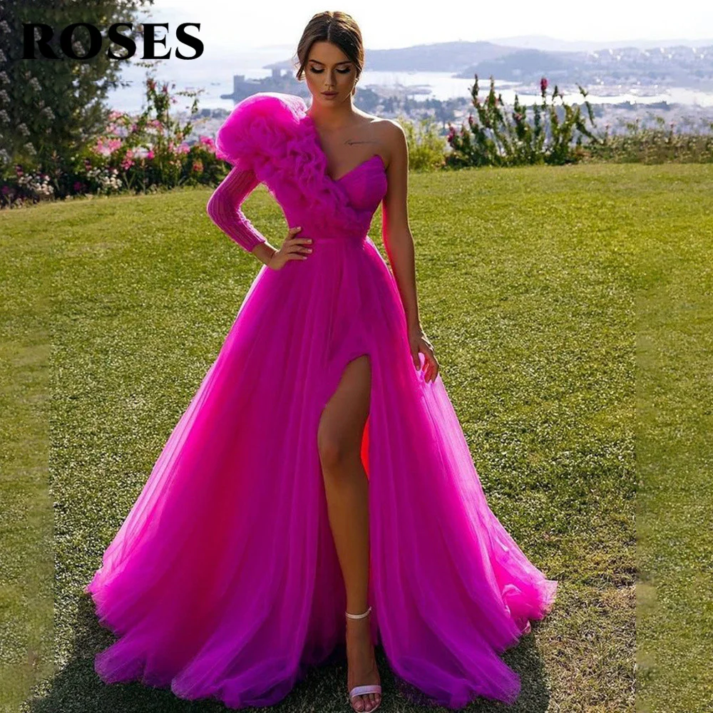 Fuchsia Dạ Hội Vestidos De Fiesta Một Nữ Tay Phồng Áo De Soirée Chân Váy Xẻ Quần Sịp Đùi Thông Hơi Một Dòng Đầm Dự Tiệc abendkleider