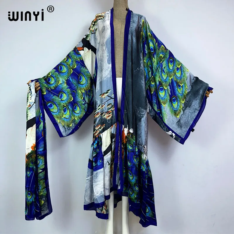 

2023 WINYI Middle East Daily prom dress Positioning printing Self Belted Women Summer Clothing Kimono Dress Beach Wear Cover Up