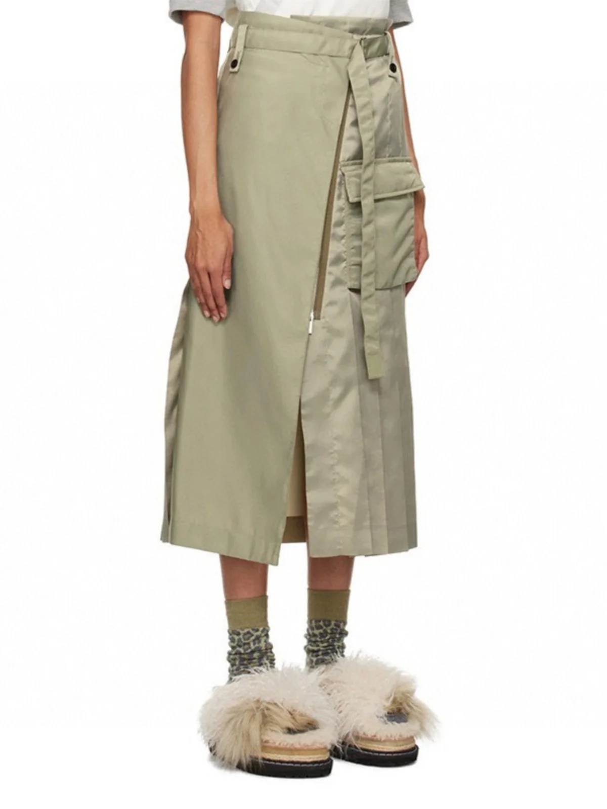 Good Goods Japan Patchwork Wang Twill Zip-up Asymmetric Pleated Nylon Skirt A- Line Skirt Overalls Skirt Long dress