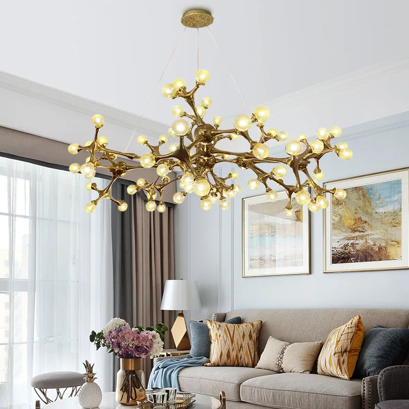 Creative Molecular Lamp Copper Chandelier for Living Room Gold Vintage Decorative Lighting Fixture Round Hanging Kitchen Island