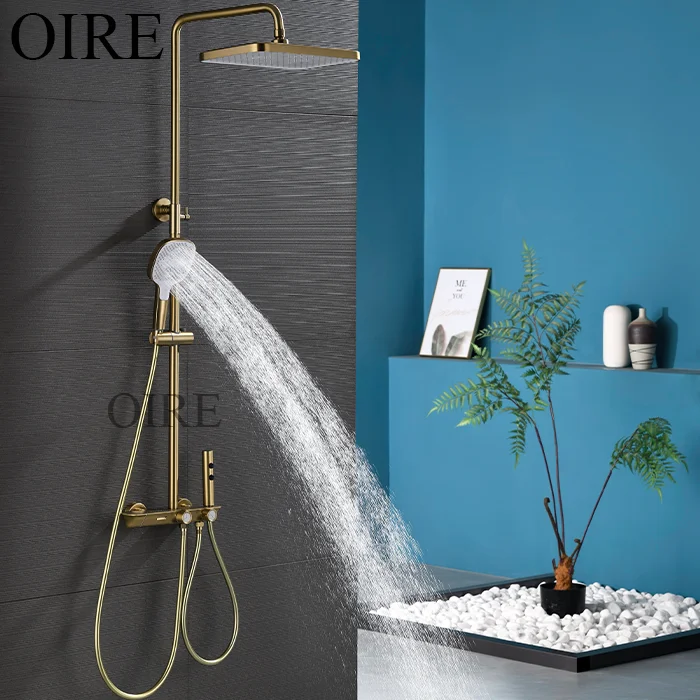 Oire Luxury Brass Thermostatic Shower Set Brushed Gold Exposed Soft Rain Shower System Slide Bar Hotel Use