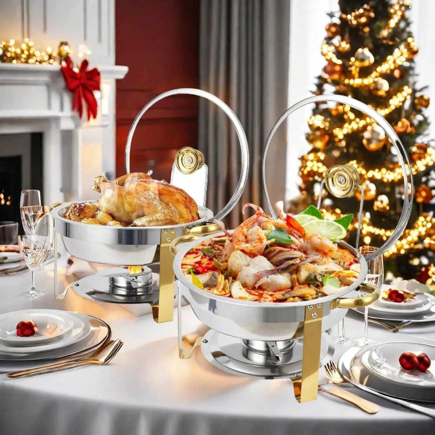 Round Stainless Steel Chafing Dish Set, Complete Chafers and Buffet Warmer Sets for Home Parties, Catering Events ﻿