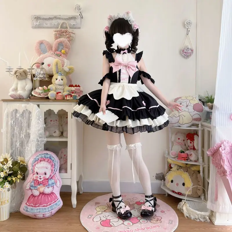 

Japanese Sweet Kawaii Lolita Jsk Sling Dress Maid JSK Suspender Dress Women Ruffles Victorian Gothic Bow Princess Dress