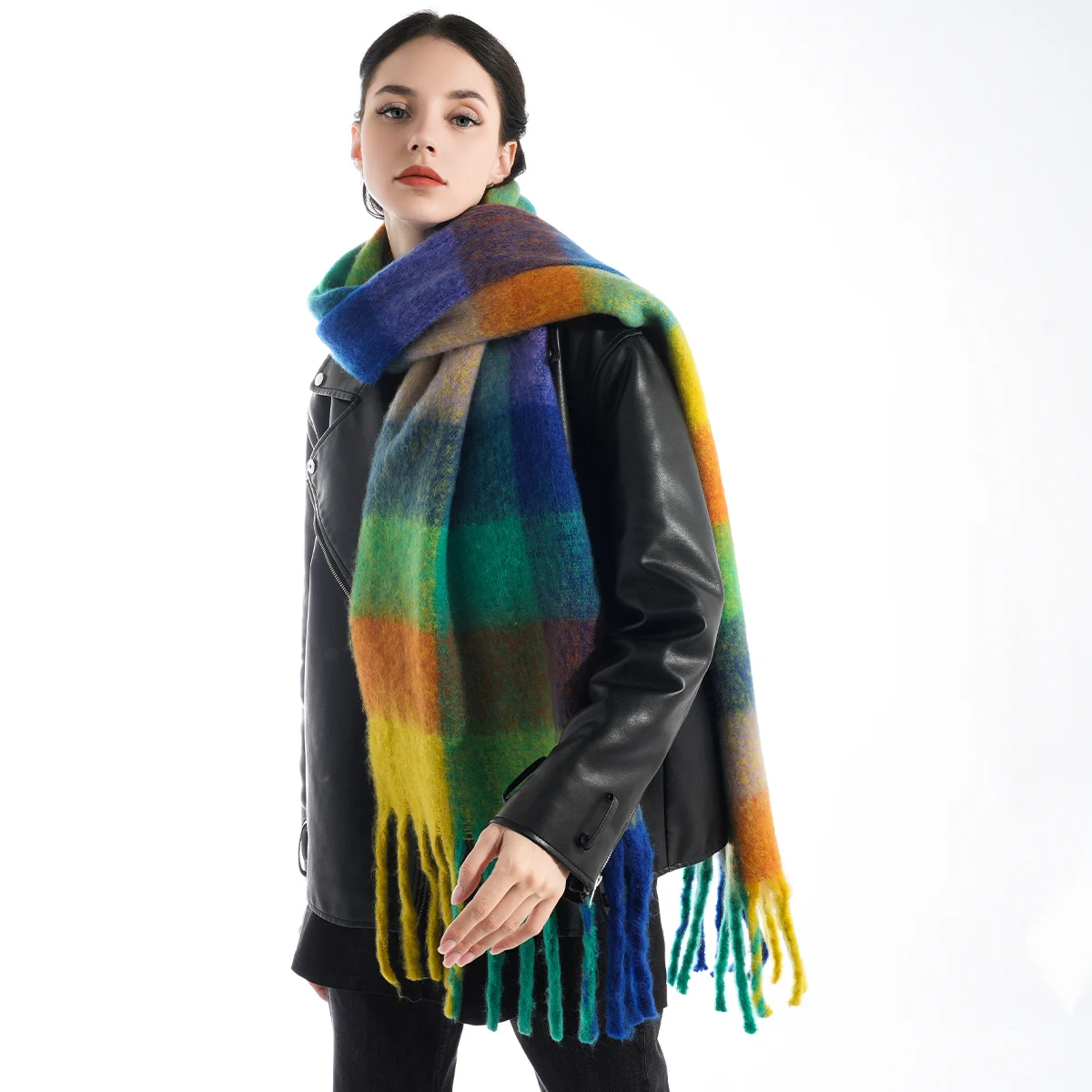 New fashionable imitation cashmere mohair colored ac plaid scarf, casual, soft, thick, warm, long tassel winter scarf shawl