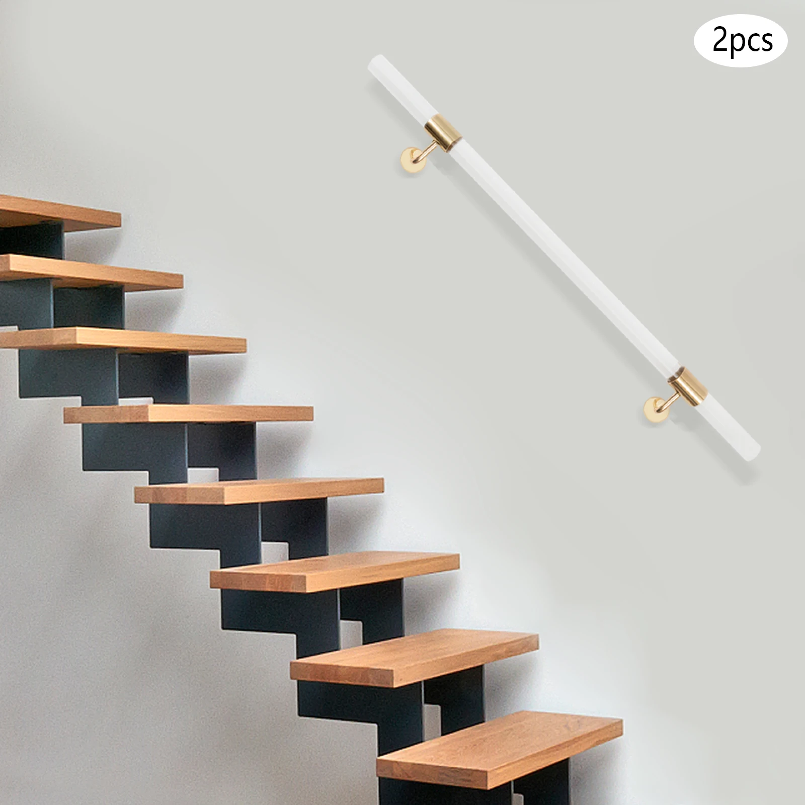 2 Pcs Acrylic Staircase Handrail Wall Mount Handrails For Stair Home Decor Round Corner Golden Railing Corridor