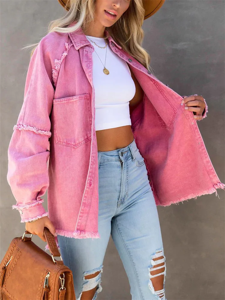 2022 Girls Sweet Pink Loose Shirt Jacket Woman Casual Soft Button Denim Shirts Ladies Chic Solid Pocket Jackets