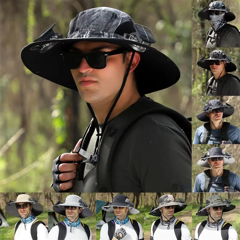 

Solar Rechargeable Dual Fan Fisherman Hat Outdoor Big Brim Sunscreen Quick Dry Fishing Hat Portable Mute Fan Caps for Man Women