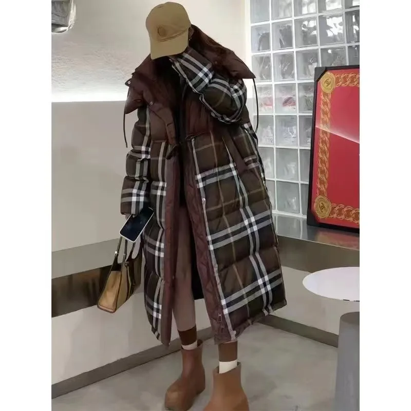 

Winter Women's 2024 New 90% White Duck Down Long Down Coats Fashion Hooded Plaid Loose Thicked Warm Long Puffer Jacket