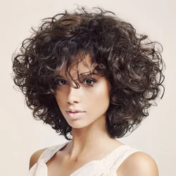 Womens Fashion Wig Fluffy Curly Wavy Synthetic Hair Wig Dark Brown Short Curly Wigs with Bangs Female Water Wave Party Wig