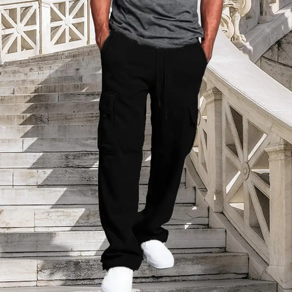 Men Sweatpants Ergonomic Design Trousers Men's Wide Leg Cargo Pants with Multiple Pockets Elastic Waist Drawstring for Sports