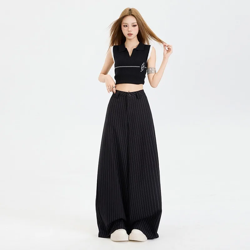 Black Striped Wide Leg Suit Pants for Women Loose Thin Hanging Casual Versatile Slimming Multi-functional Straight Leg Pants